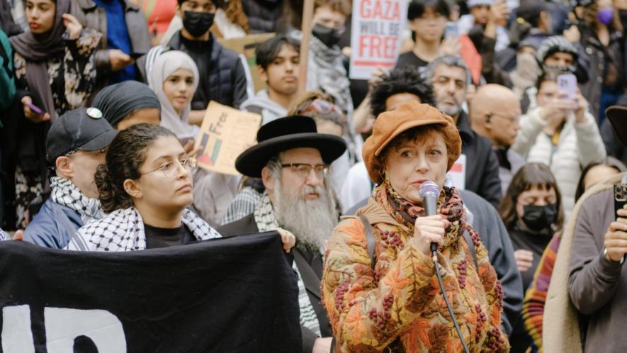 Susan Sarandon addressing a protest in New York City on November 9, 2023. Sarandon was dropped by her talent agency on November 21. Photo: Wyatt Souers