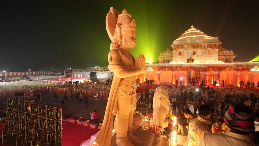A statue of Lord Hanuman at the illuminated Ram Mandir premises after its consecration ceremony, in Ayodhya, Monday, Jan. 22, 2024. (PTI Photo/Arun Sharma) (PTI01_22_2024_000668B)