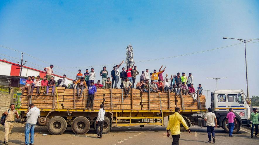 Truck drivers shout slogans during their protest against the new penal provisions in the hit-and-run law, in Nagpur, Tuesday, Jan. 2, 2024.