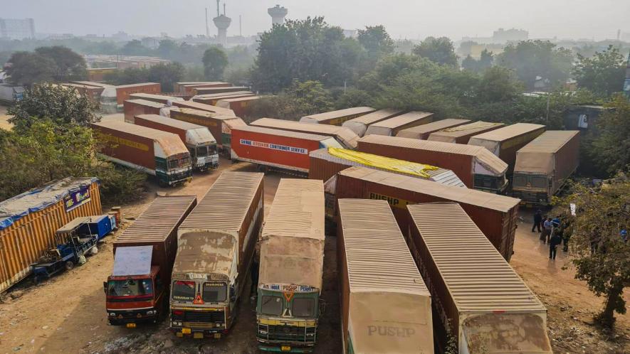 Trucks parked at a ground amid a strike of drivers over new provisions regarding hit-and-run cases under Bharatiya Nyaya Sanhita, in Gurugram, Tuesday, Jan. 2, 2024. (PTI Photo)(PTI01_02_2024_000315B)
