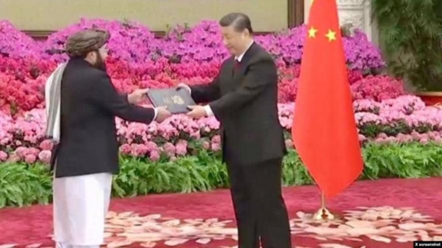 Chinese President Xi Jinping (R) receiving the credentials of Taliban government’s ambassador to China, Asadullah Bilal Karimi in a formal ceremony, Great Hall of the People, Beijing, Jan. 30, 2024