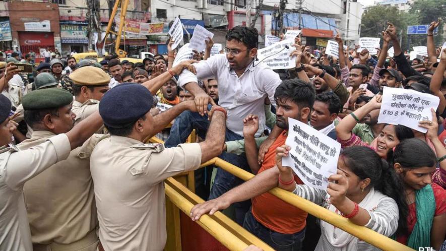 Thousands of contractual school teachers in Bihar, locally known as Niyojit Shikshaks took to the streets and staged a protest in Patna on Tuesday