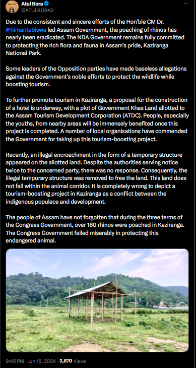 Minister Atul Bora’s post on X. Taken from Bora’s X handle.