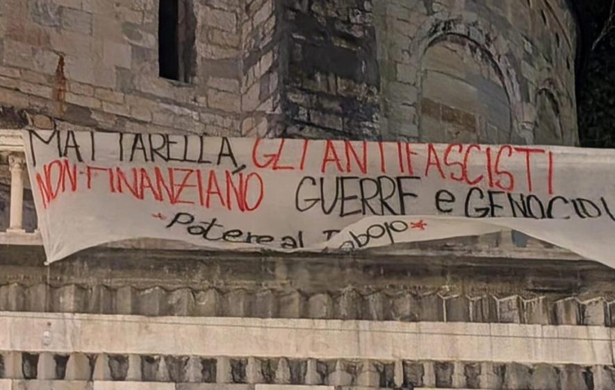Potere al Popolo Genoa with banner reading: “Mattarella, antifascists don’t finance wars and genocide.” Source: Potere al Popolo Genoa/Facebook