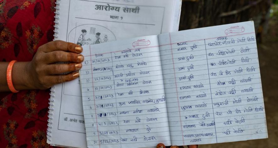 Sadhana Waghmare, an Arogya Sakhi from Kathoda, showing her record book. She served more than 40 patients in remote migrant farms and returned around 20 patients in the 2024-25 season (Photo - Abhijeet Gurjar)