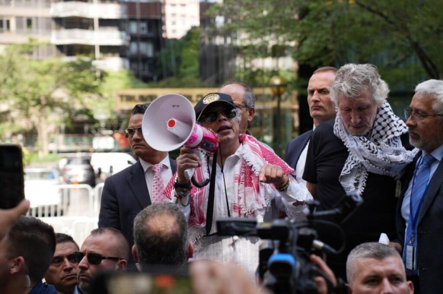 Gustavo Petro addresses pro-Palestine demonstrators at UN (Photo via Palestinian Youth Movement)