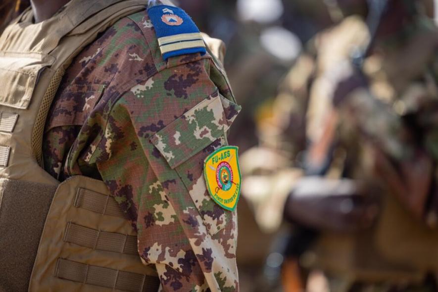 Detail of AES Joint Military Force, FU AES, uniform. Photo: Presidence Mali / Facebook