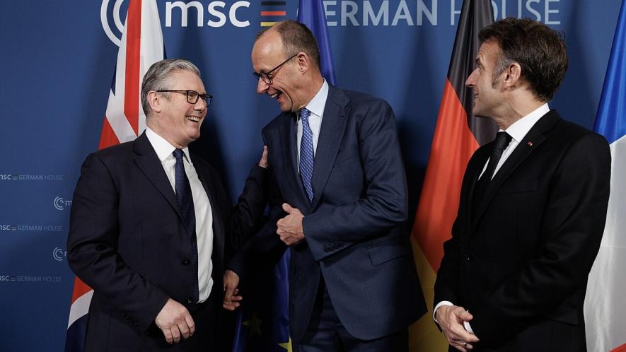 Prime Minister Keir Starmer, French President Emmanuel Macron, and German Chancellor Frederich Merz at the Munich Security Conference in February 2026. Photo: No. 10 Downing Street