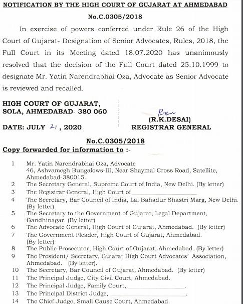 Yatin Oza stripped of his Senior Advocate designation by Gujarat High Court